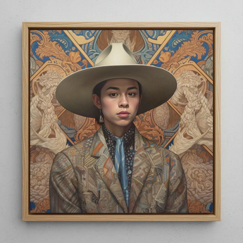 Angel - Latinx Transgender Cowboy Art Print / Canvas Framed Portrait Person Wide-brimmed Beige Hat Patterned Blazer Latinx Transgender