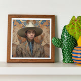 Angel - Latinx Transgender Cowboy Art Print / Canvas Framed Portrait Person Wide-brimmed Hat Brown Jacket Ornate, Dandy, Outlaw Prints