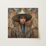 Angel - Latinx Transgender Cowboy Art Print / Canvas Square Painting Woman Wide-brimmed Beige Hat Patterned, Dandy, Outlaw Prints