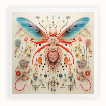 Angel Muff Wasp - Alien Species Insect Taxonomy Art Print / Canvas Stylized Vibrant Blue Wings Red Body Composed, Prints