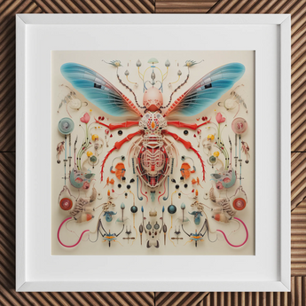 Angel Muff Wasp - Alien Species Insect Taxonomy Art Print / Canvas Vibrant Intricately Assembled Insect Sculpture Translucent Blue Wings