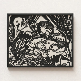 Black-framed Linocut Print Bold High-contrast Illustrations Stylized Animals Franz Marc’s Mesmerizing Animal, Legend Woodcut, Spiritual