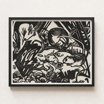 Black White Linocut Artwork Sleek Frame Whimsical Forest Franz Marc’s Mesmerizing Animal, Legend Woodcut, Spiritual Harmony Collide