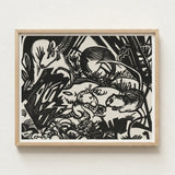 Black White Linocut Artwork Whimsical Forest Creatures Naturalistic Franz Marc’s Mesmerizing Animal, Legend Woodcut, Spiritual Harmony