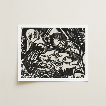 Black White Linocut Print Stylized Animals Dense Abstract Franz Marc’s Mesmerizing Animal, Legend Woodcut, Spiritual Harmony Collide