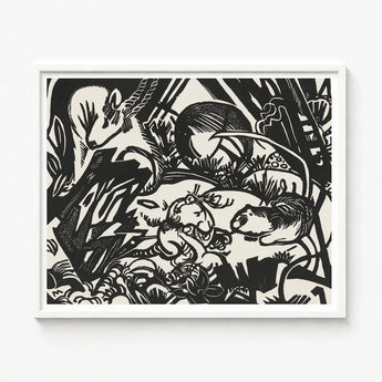 Black White Linocut Artwork Simple Frame Stylized Animals Franz Marc’s Mesmerizing Animal, Legend Woodcut, Spiritual Harmony Collide