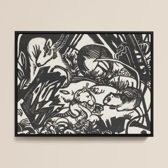 Animal Legend - Franz Marc Expressionist Woodcut Art Print / Canvas Black White Linocut Artwork Sleek Frame Stylized Animals Marc’s