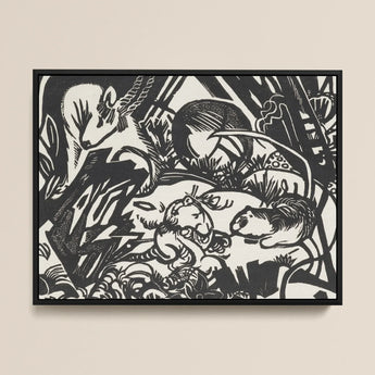Animal Legend - Franz Marc Expressionist Woodcut Art Print / Canvas Black White Linocut Artwork Sleek Frame Stylized Animals Franz Marc’s