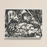 Animal Legend - Franz Marc Expressionist Woodcut Art Print / Canvas Black White Linocut Artwork Stylized Animals Dense Abstract Marc’s