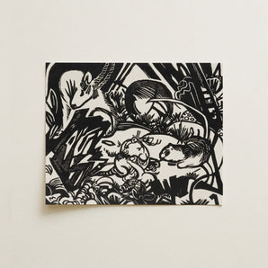 Animal Legend - Franz Marc Expressionist Woodcut Art Print / Canvas Black White Linocut Artwork Stylized Animals Dense Forest-like Marc’s