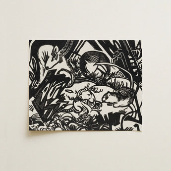 Animal Legend - Franz Marc Expressionist Woodcut Art Print / Canvas Black White Linocut Artwork Stylized Animals Dense Forest-like Marc’s