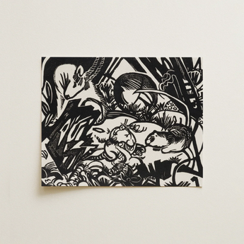 Animal Legend - Franz Marc Expressionist Woodcut Art Print / Canvas Black White Linocut Artwork Stylized Animals Dense Forest-like Franz