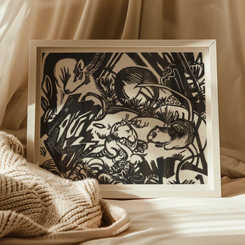 Animal Legend - Franz Marc Expressionist Woodcut Art Print / Canvas Black White Paper Cut Artwork Rabbits Among Foliage Franz Marc’s