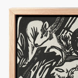 Black White Linocut Artwork Goat Wooden Frame Franz Marc’s Mesmerizing Animal, Legend Woodcut, Spiritual Harmony Collide