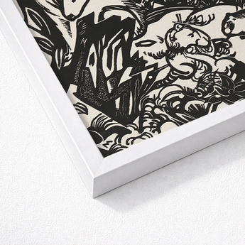 Black White Linocut Artwork Sleek Frame Franz Marc’s Mesmerizing Animal, Legend Woodcut, Spiritual Harmony Collide