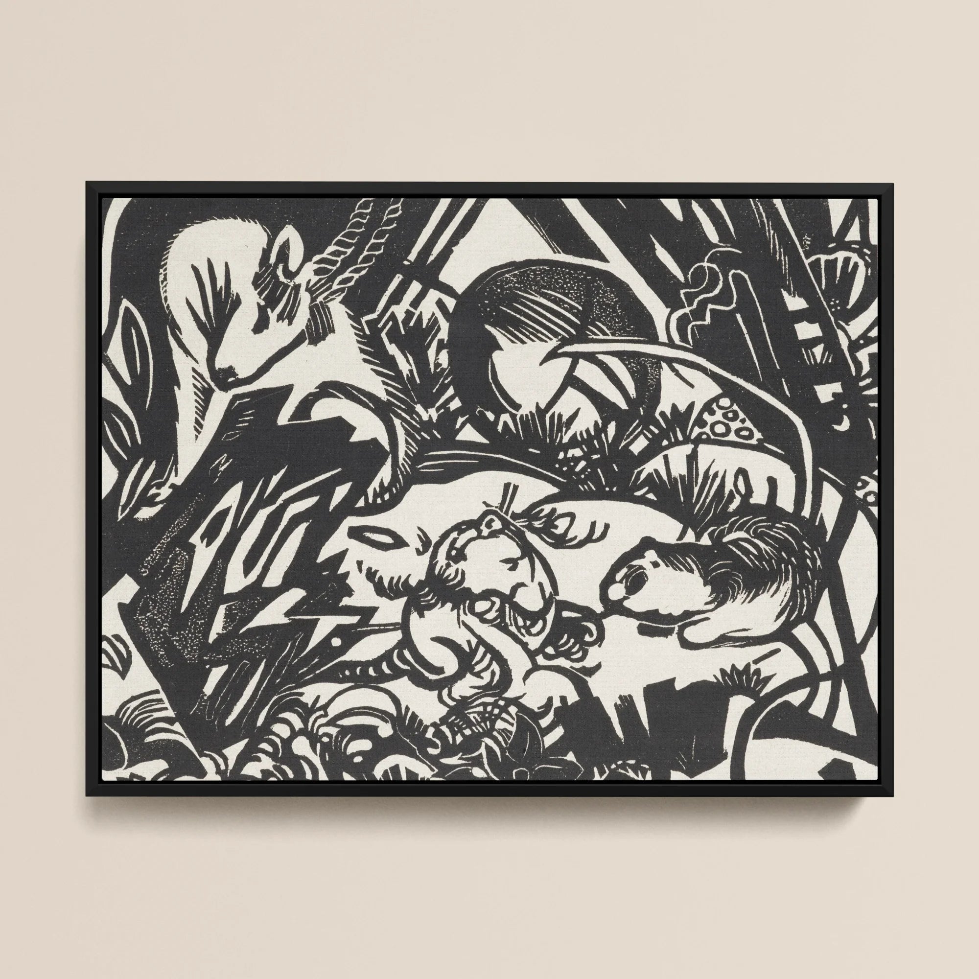 Animal Legend Franz Marc Framed Canvas, Black White Woodcut Print Wild Animals Dynamic Expressionist