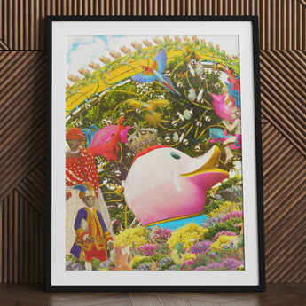 Another Day of Sun - Carnival Collage Art Print Vibrant Framed Artwork Pink Duck Yellow Beak Green, Kaleidoscopic, Toby Leon Prints