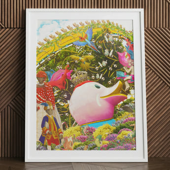 Another Day of Sun - Carnival Collage Art Print Vibrant Framed Artwork Pink Duck Yellow Beak Green, Kaleidoscopic, Toby Leon Prints