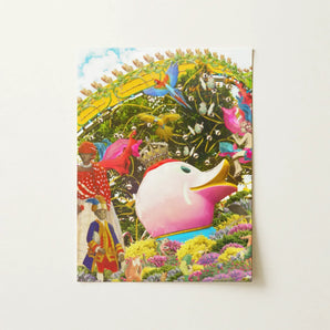 Another Day of Sun - Carnival Collage Art Print Vibrant Pink Duck-shaped Sculpture Yellow Beak Green Eye, Kaleidoscopic, Toby Leon Prints