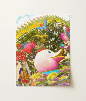 Vibrant Pink Duck-shaped Sculpture Yellow Beak Green Eye Carnival Collage Art, Kaleidoscopic, Toby Leon