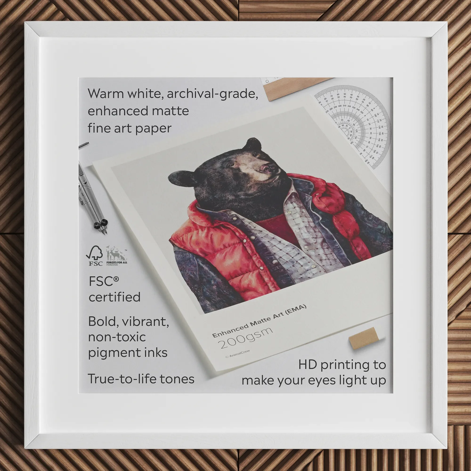 Another Day of Sun Carnival Collage Art Print, White Framed Print Bear Red Vest Enhanced Matte Fine