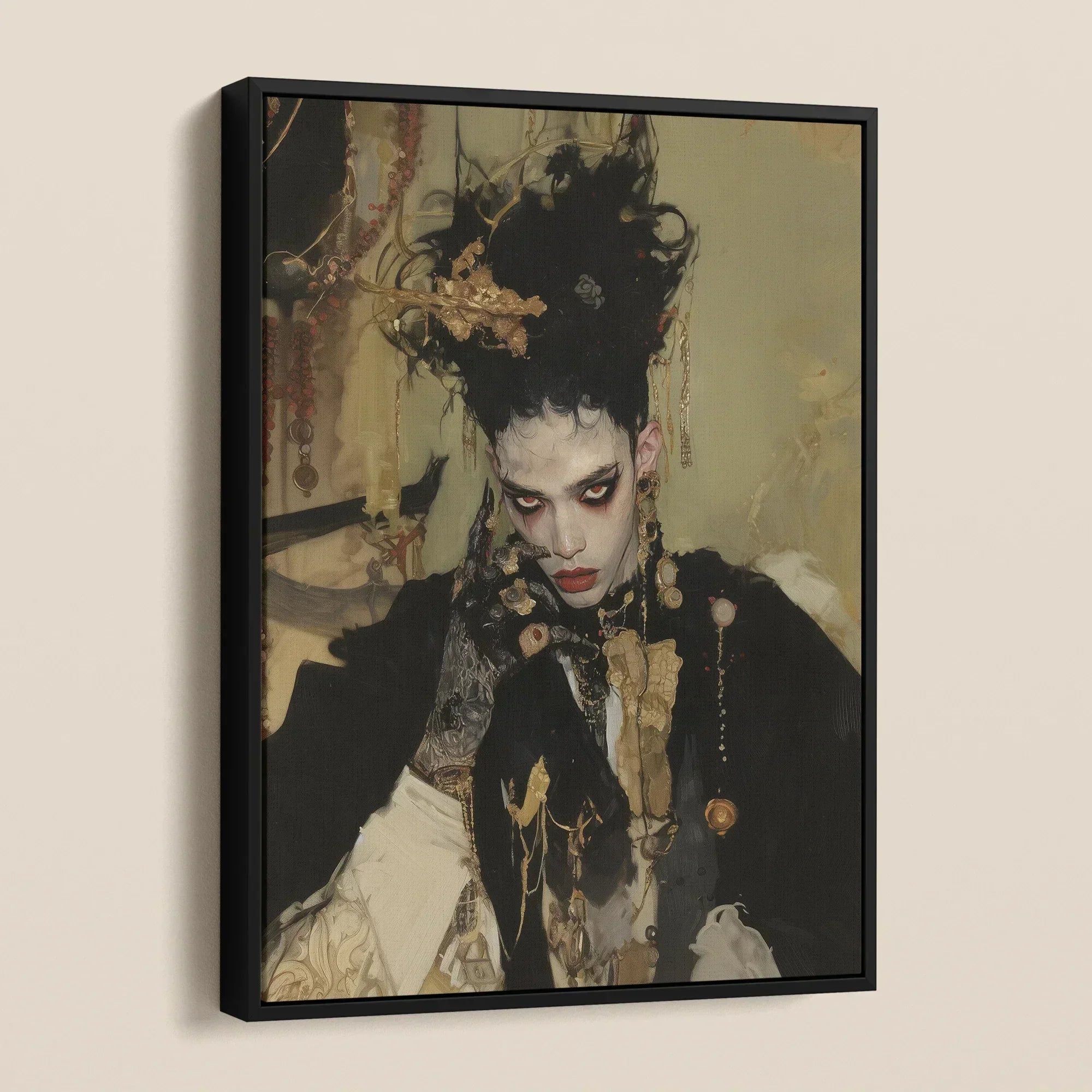 Antoine - Gay French Vampire Art Framed Canvas, Framed Portrait Person Dramatic Makeup Elaborate Hairstyle