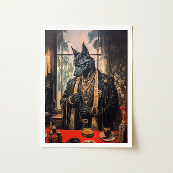 Anubis - Modern Egyptian God Art Print / Canvas Framed Artwork Black Wolf Opulent Darkly Lit Room Shadows Drape, Prints
