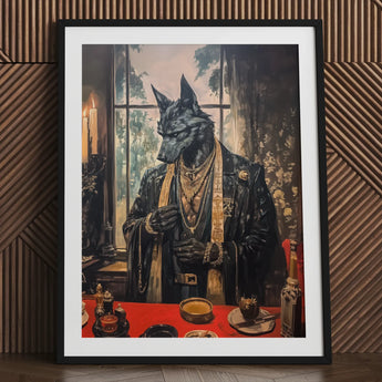 Anubis - Modern Egyptian God Art Print / Canvas Black-framed Stylized Anthropomorphic Wolf Dark Leather Shadows Drape, Prints