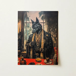 Anubis - Modern Egyptian God Art Print / Canvas Black Wolf Portrait Dark Opulent Suit Adorned Intricate Shadows Drape, Prints