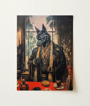 Black Wolf Portrait Dark Opulent Suit Adorned Intricate Shadows Drape Anubis, Modern Egyptian God, Art