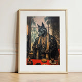 Anubis - Modern Egyptian God Art Print / Canvas Framed Artwork Black Wolf Formal Attire Adorned Gold Shadows Drape, Prints