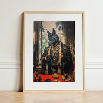 Anubis - Modern Egyptian God Art Print / Canvas Framed Artwork Black Wolf Formal Attire Adorned Gold Shadows Drape, Prints