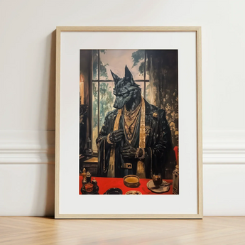 Anubis - Modern Egyptian God Art Print / Canvas Framed Artwork Black Wolf Formal Attire Adorned Gold Shadows Drape Anubis, Modern Egyptian