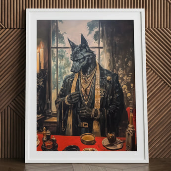 Anubis - Modern Egyptian God Art Print / Canvas Framed Artwork Black Wolf Opulent Dark Leather Suit Shadows Drape, Prints