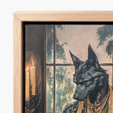 Framed Artwork Black Wolf Pointed Ears Golden Adornments Shadows Drape Anubis, Modern Egyptian God, Art