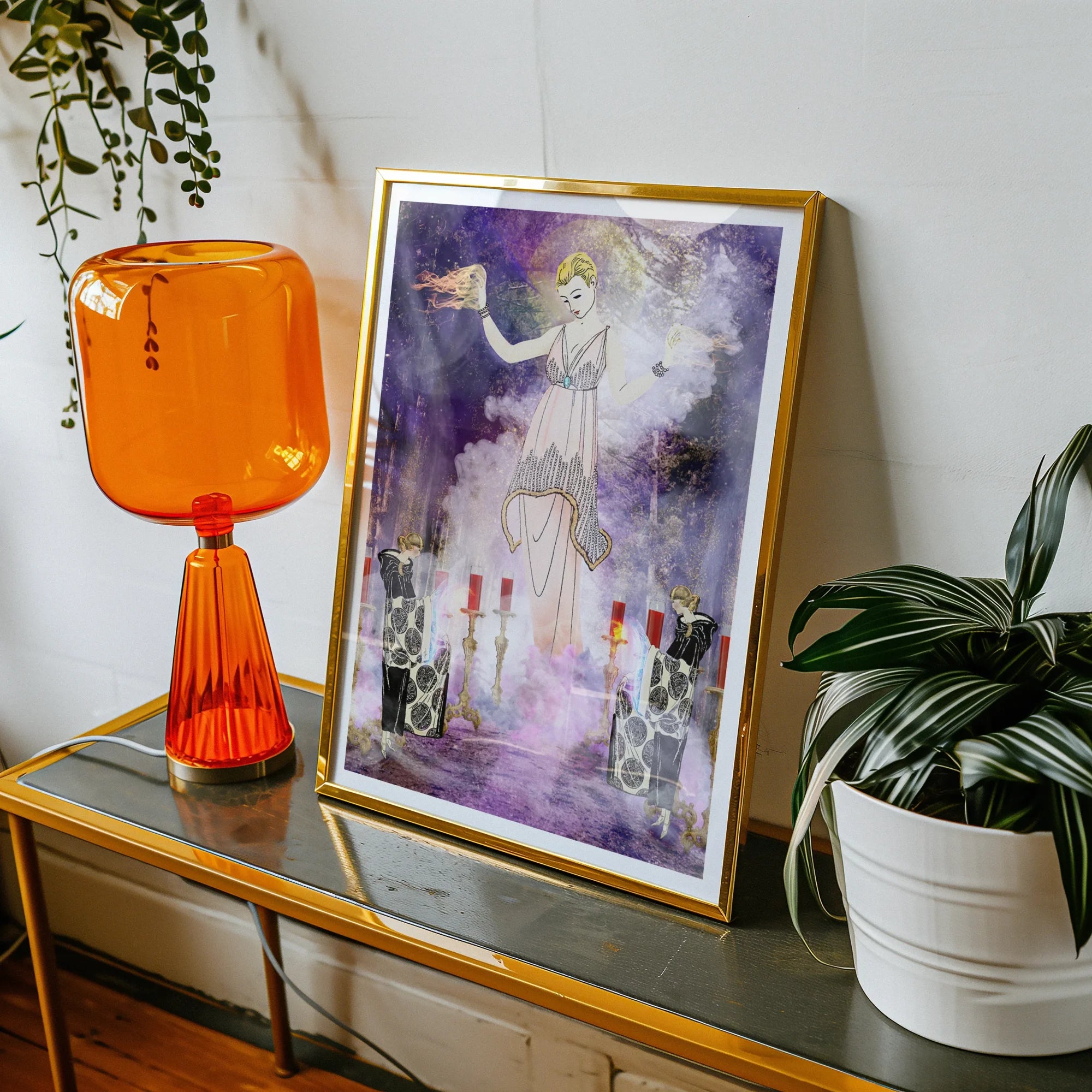 Aphromighty the 50ft Wiccan Witch Myth Art Print, Framed Mystical Artwork Ghostly Figure Surrounded Cats Candles