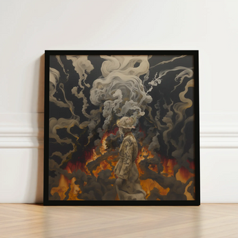 Black-framed Artwork Figure Muted Earth Tones Amidst Smoke Beautiful Apocalypse Art, World Unraveling, Haunting Ballet