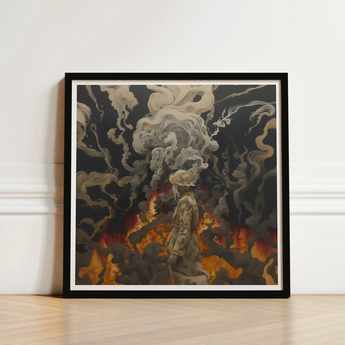 Black-framed Artwork Figure Muted Tones Smoke Flames Beautiful Apocalypse Art, World Unraveling, Haunting Ballet