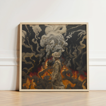 Framed Artwork Figure Camouflage Gear Amidst Smoke Flames Beautiful Apocalypse Art, World Unraveling, Haunting Ballet
