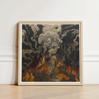 Square-framed Artwork Figure Muted Tones Amidst Smoke Fiery Beautiful Apocalypse Art, World Unraveling, Haunting Ballet