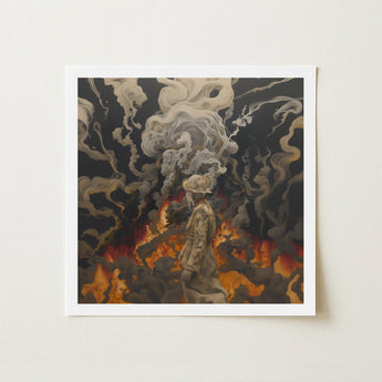 Apocalypso - Beautiful Apocalypse Art Print / Canvas Framed Artwork Figure Military Attire Amidst Smoke Flames, World Unraveling, Haunting