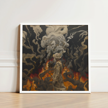 White-framed Artwork Figure Camouflage Gear Amidst Smoke Flames Beautiful Apocalypse Art, World Unraveling, Haunting Ballet