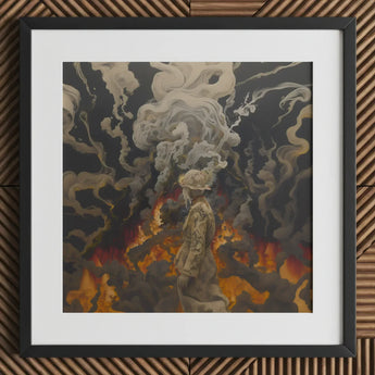 Apocalypso - Beautiful Apocalypse Art Print / Canvas Black-framed Artwork Figure Camouflage Gear Amidst Smoke Flames, World Unraveling,