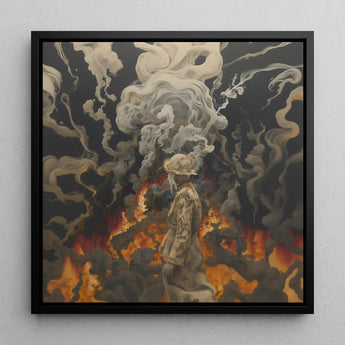 Apocalypso - Beautiful Apocalypse Art Print / Canvas Black-framed Artwork Figure Muted Earth Tones Amidst Smoke, World Unraveling, Haunting
