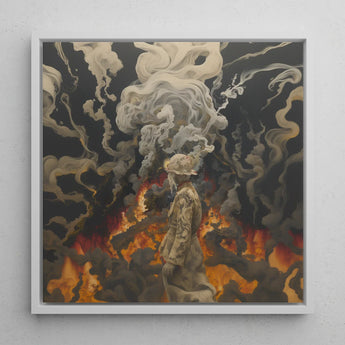 Apocalypso - Beautiful Apocalypse Art Print / Canvas Framed Artwork Figure Muted Tones Amidst Smoke Fiery, World Unraveling, Haunting