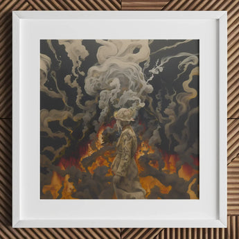 Apocalypso - Beautiful Apocalypse Art Print / Canvas Framed Artwork Figure Muted Tones Amidst Smoke Flames, World Unraveling, Haunting