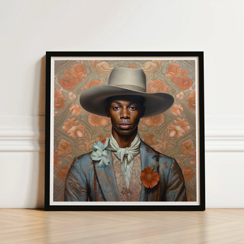 Framed Portrait Man Wide-brimmed Gray Hat Blue Patterned Gay Black Cowboy, Dandy, Art