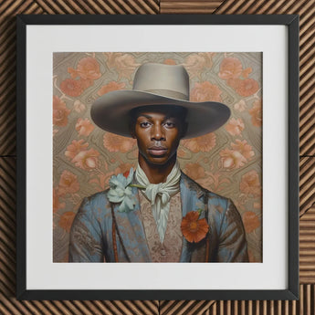 Apollo - Gay Black Dandy Cowboy Art Print / Canvas Beige Hat Floral Accents Light Blue Suit, Prints