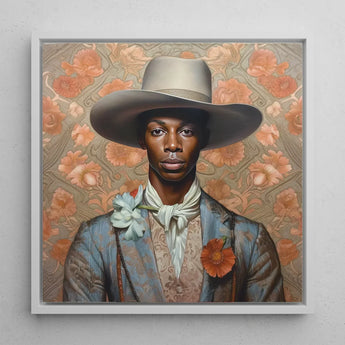 Apollo - Gay Black Dandy Cowboy Art Print / Canvas Framed Portrait Man Wide-brimmed Beige Hat Blue Patterned, Prints