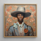 Apollo - Gay Black Dandy Cowboy Art Print / Canvas Framed Portrait Man Wide-brimmed Beige Hat Blue Patterned Gay Black Cowboy, Cowboy